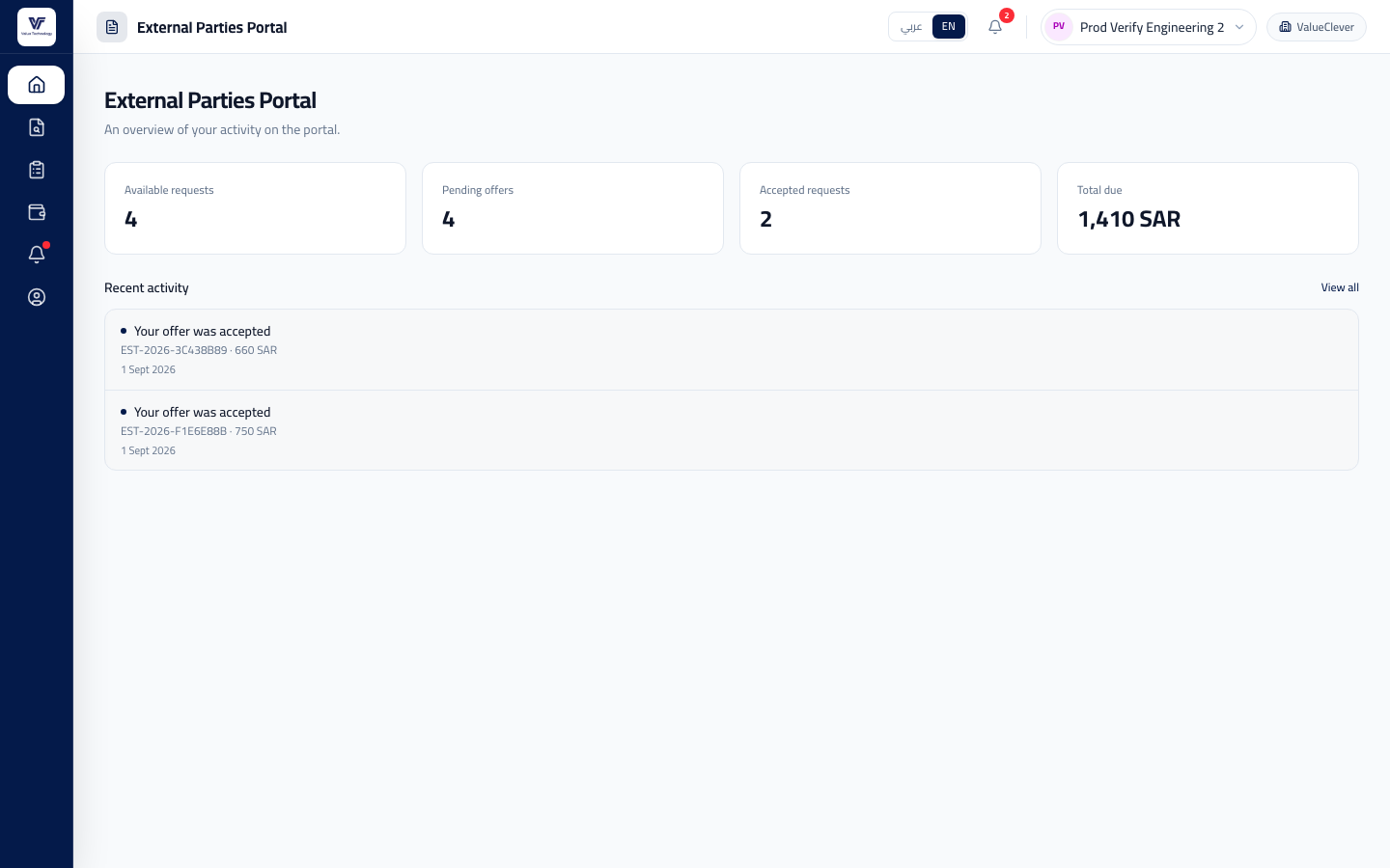 External parties portal dashboard